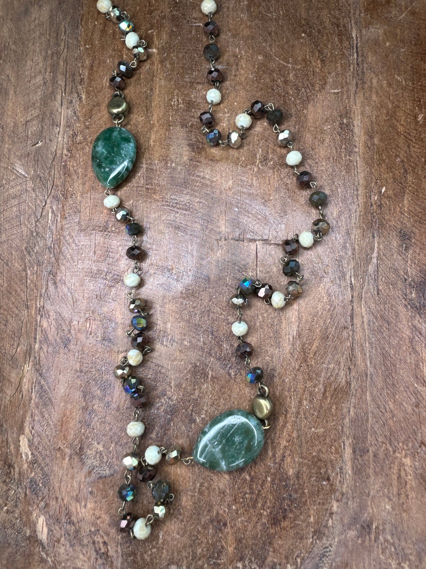 Long Multi-Beaded Shiny Necklace with Green Stones