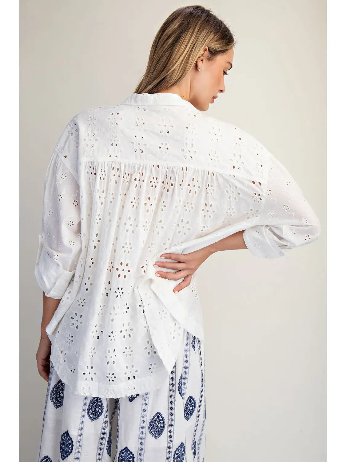 Washed Eyelet Button-Up Top (White)