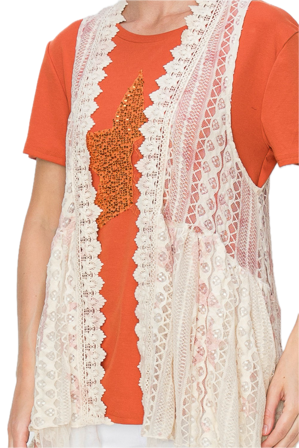 HIGH LOW ALL LACE VEST WITH PRINT