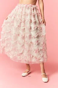 Peach Love- Floral Print Ruffle Detail Maxi Skirt (Cream/Pink)
