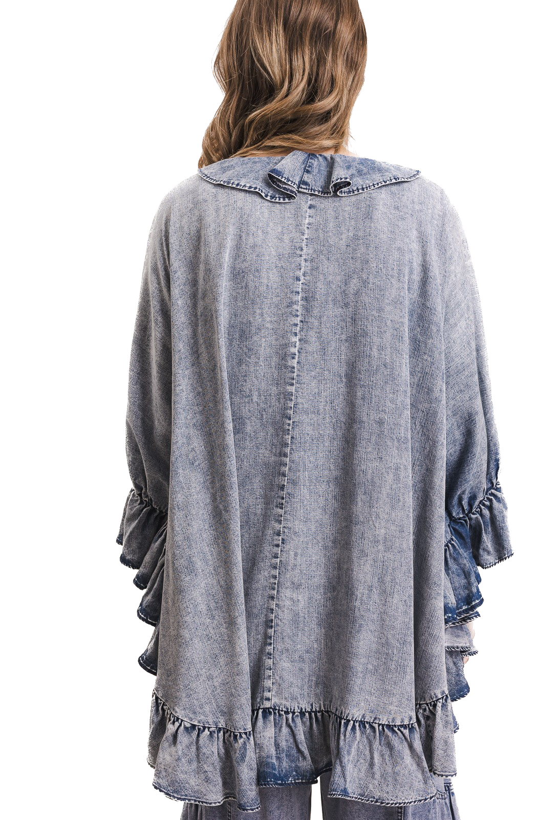 BlueVelvet- Chambray Ruffle Detail Poncho Top *Final Sale*