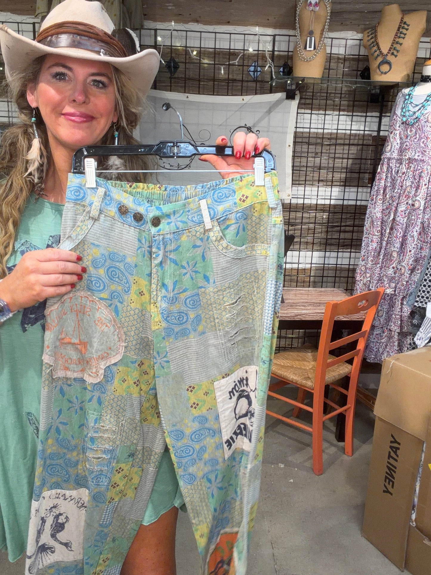 Paper Lace- Blue and Green Patchwork Pants PREORDER *Final Sale*