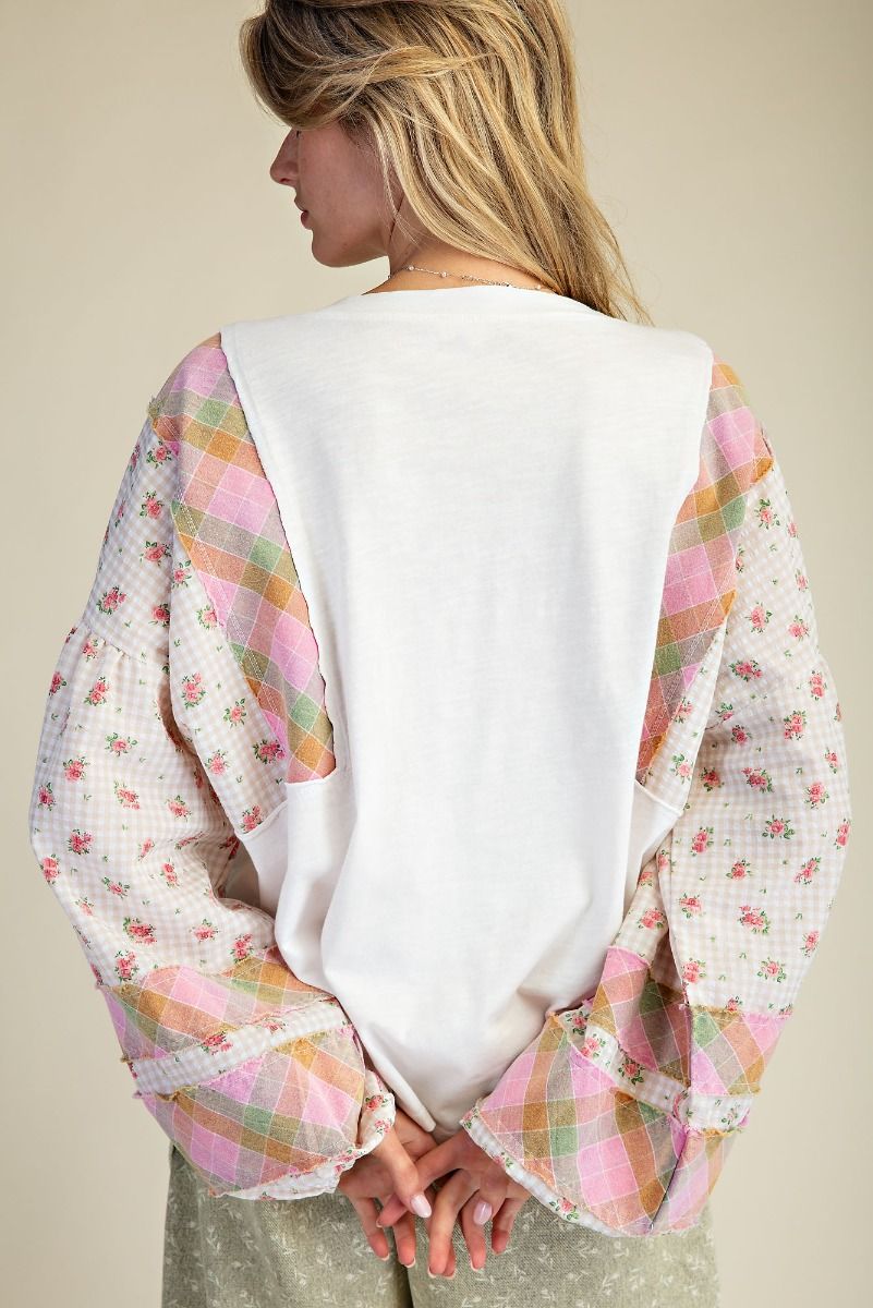 EASEL - Mixed Print Cotton Slub Top (White) *Final Sale*
