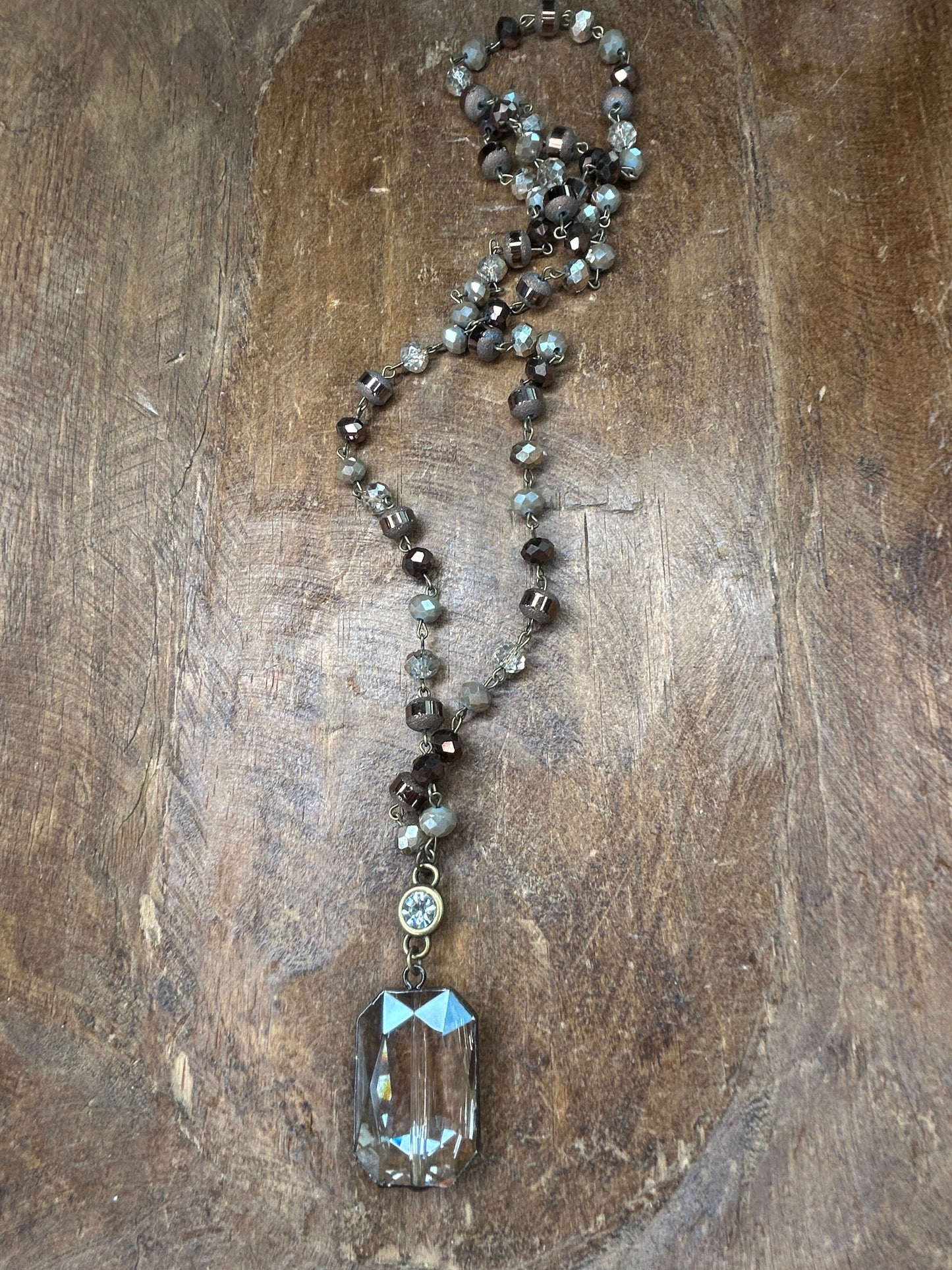 Long Multi-Beaded Brown-Tones Necklace with Pendant