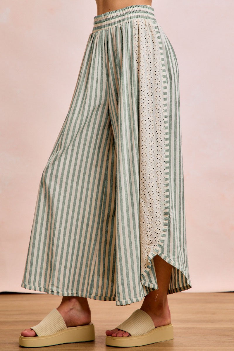 Bibi- Floral Eyelet Striped Wide Leg Pants (Eucalyptus)