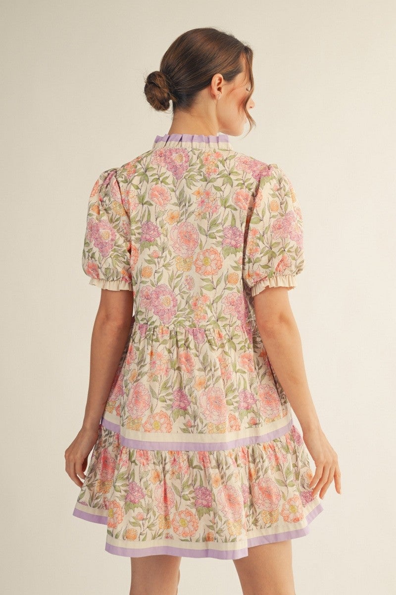 Jodifl- Floral Contrast Tiered Dress (Cream)