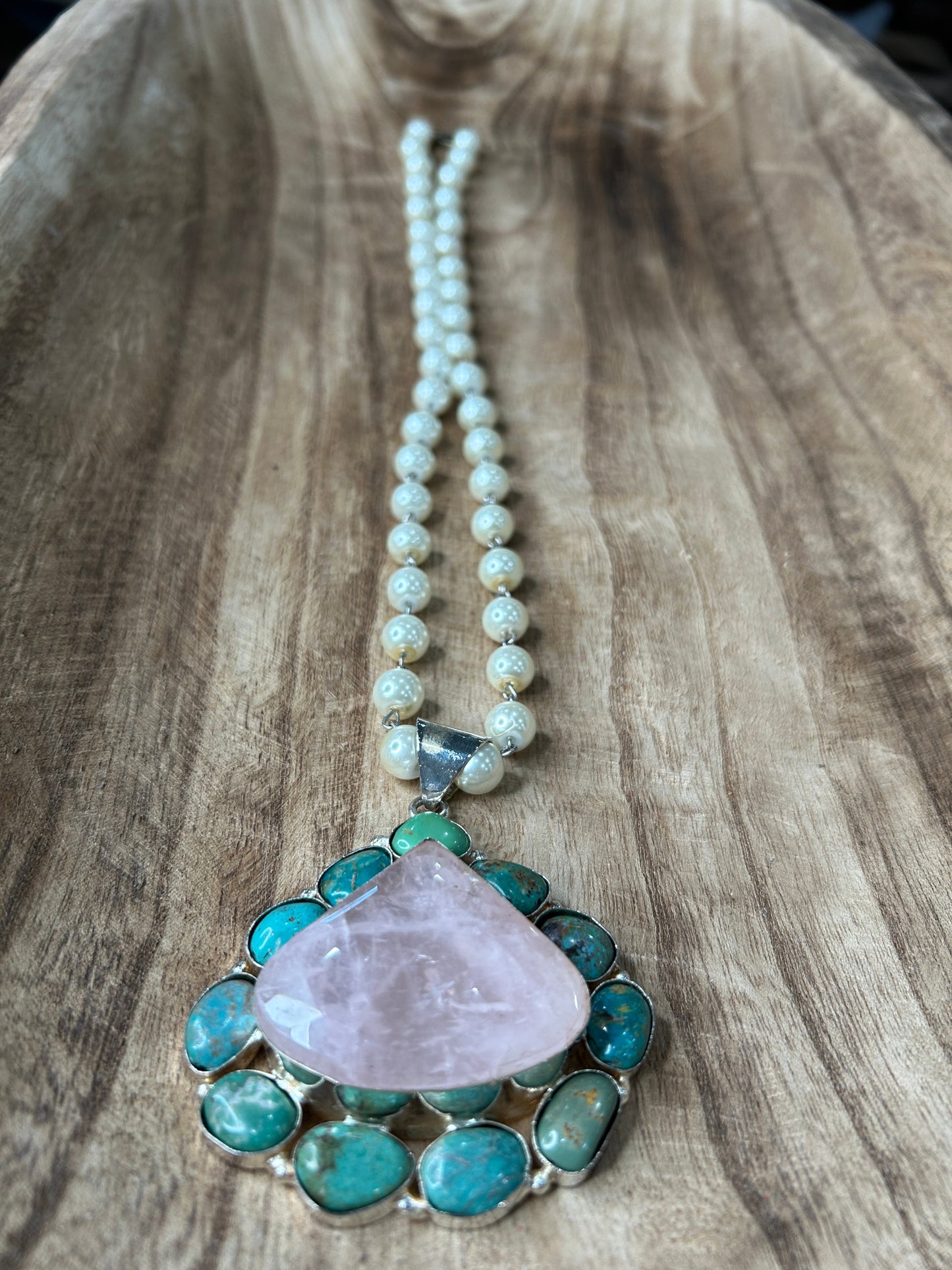 Rose Quartz and Turquoise Necklace on Pearl Chain