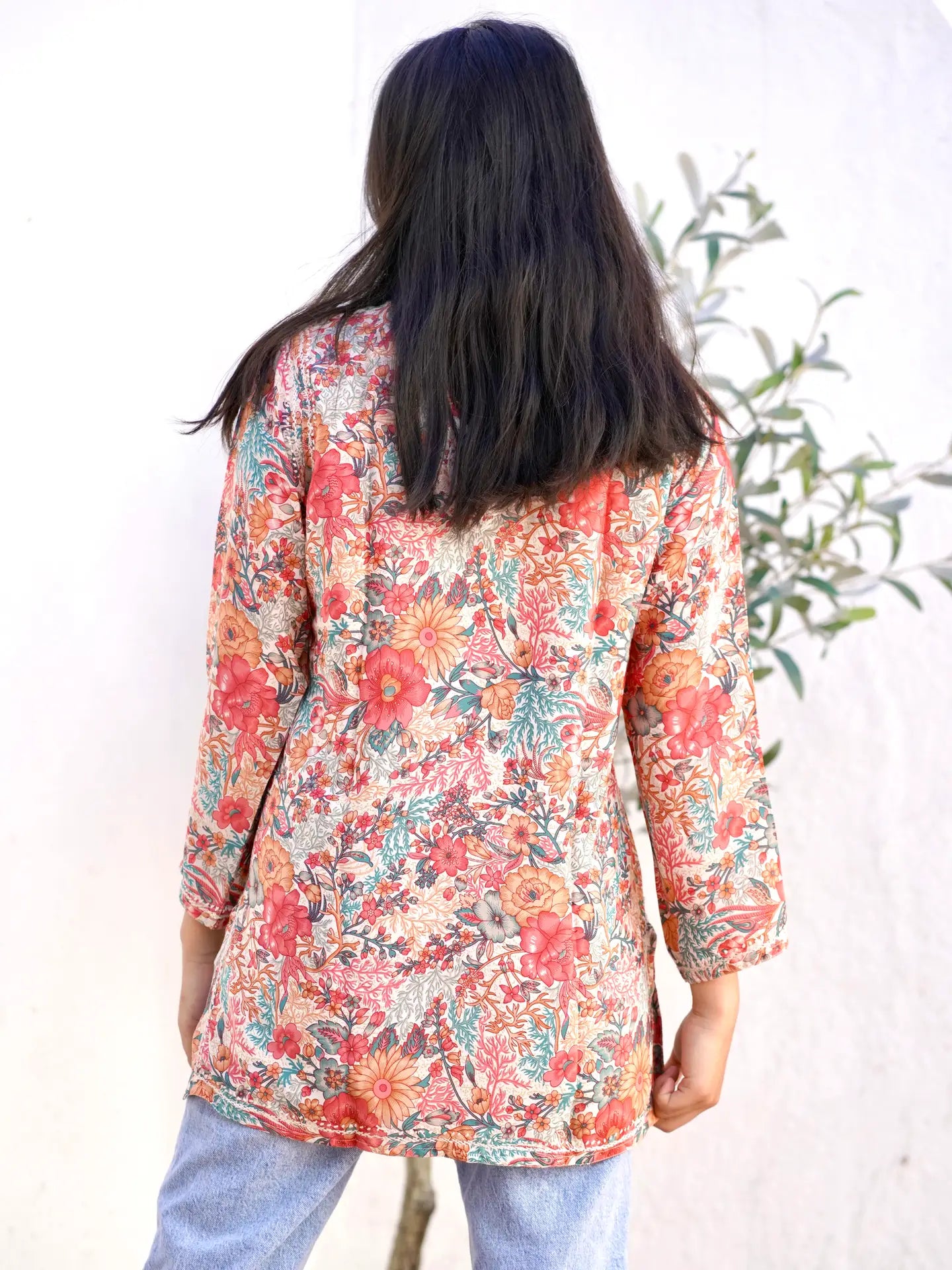 Dolma- Embroidered Teal and Coral Tunic Top *Final Sale*