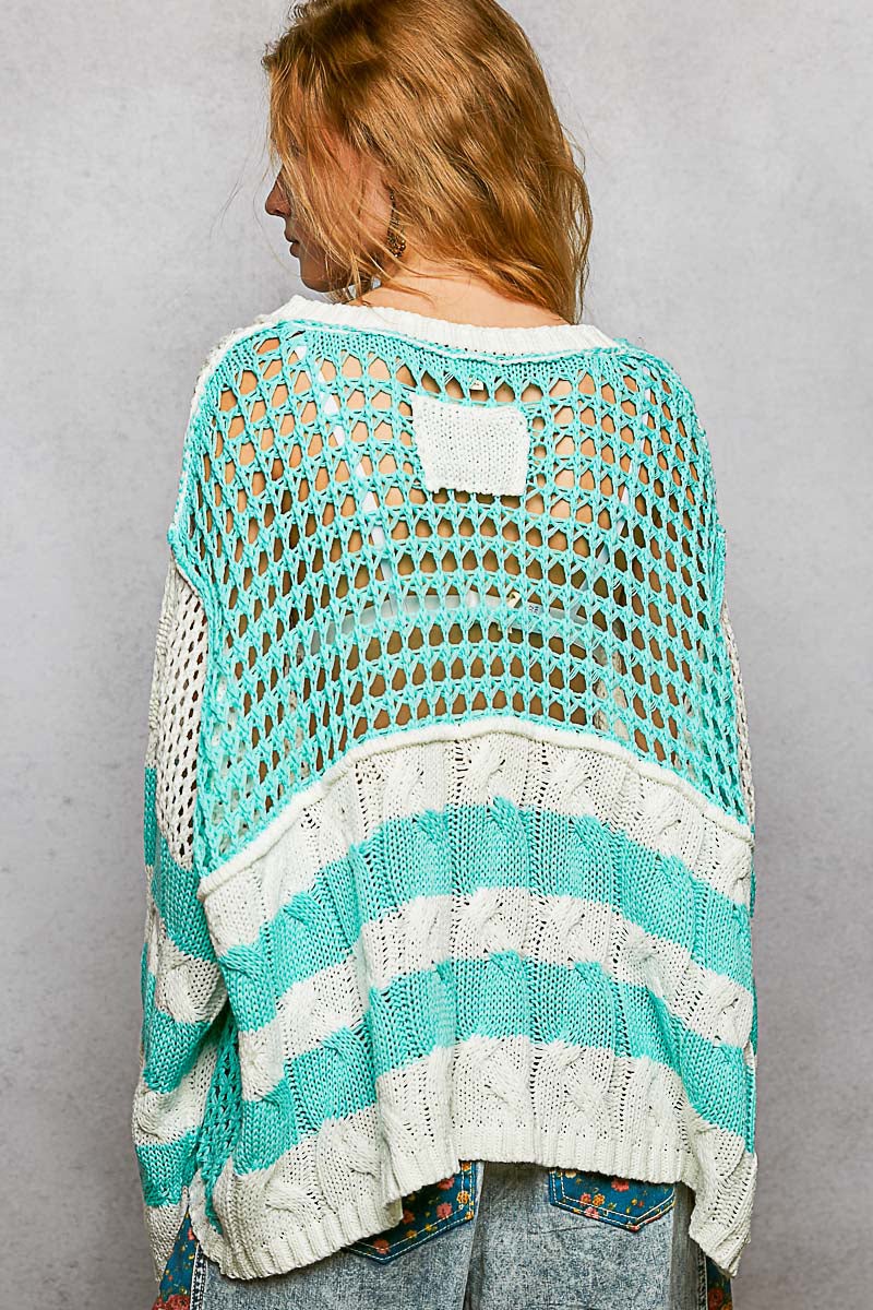 POL- Color Block V-Neck Sweater (Aqua) PREORDER *Final Sale*