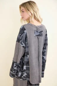 SALE J Her- Camo Patchwork Washed Top (Charcoal) *Final Sale*