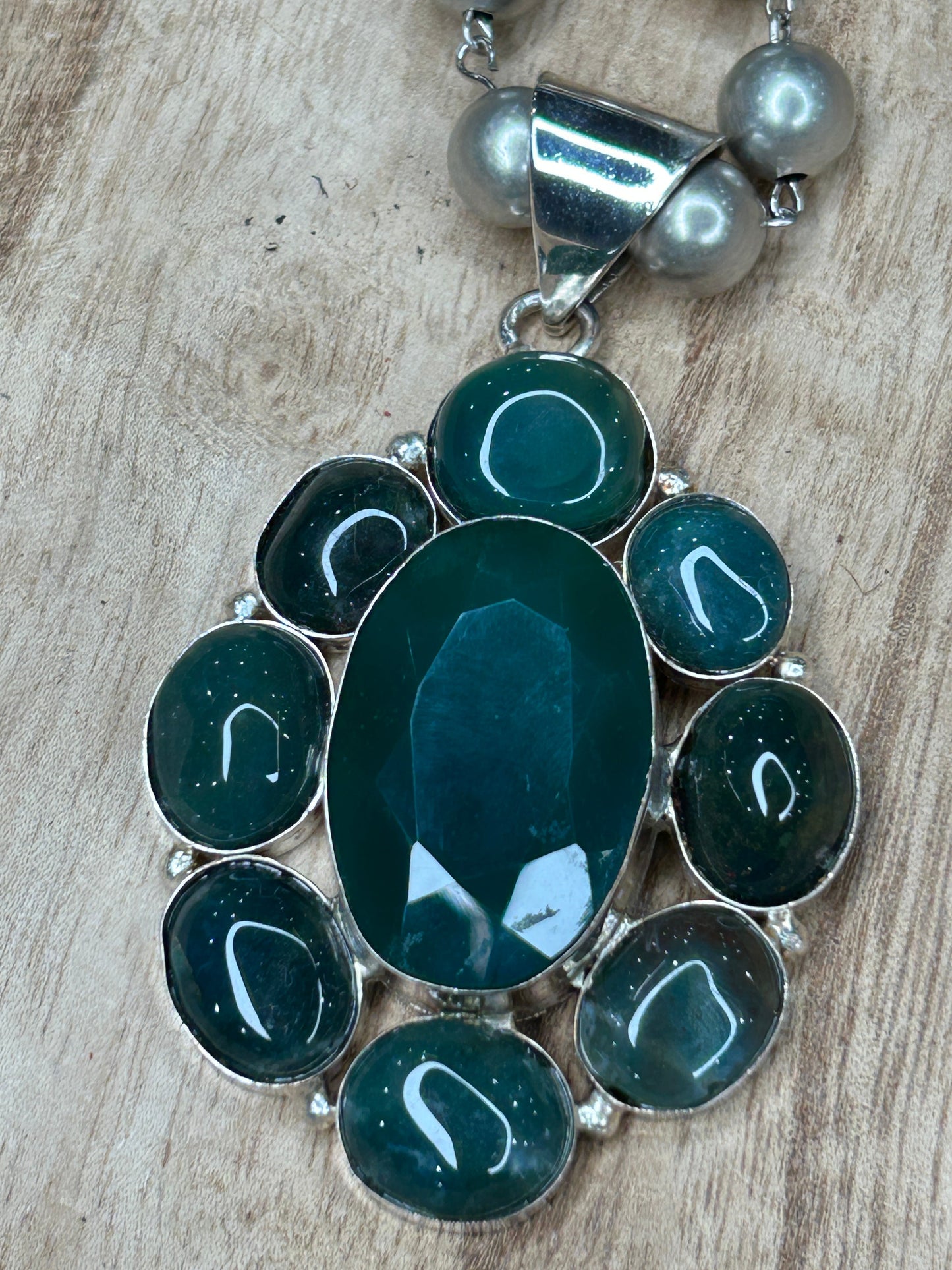 German Silver Green Onyx Cluster Necklace