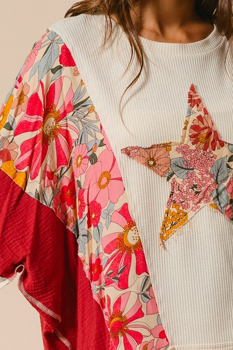 BiBi- Knit and Print Mix and Match Top (Oatmeal/Rust) *Final Sale*