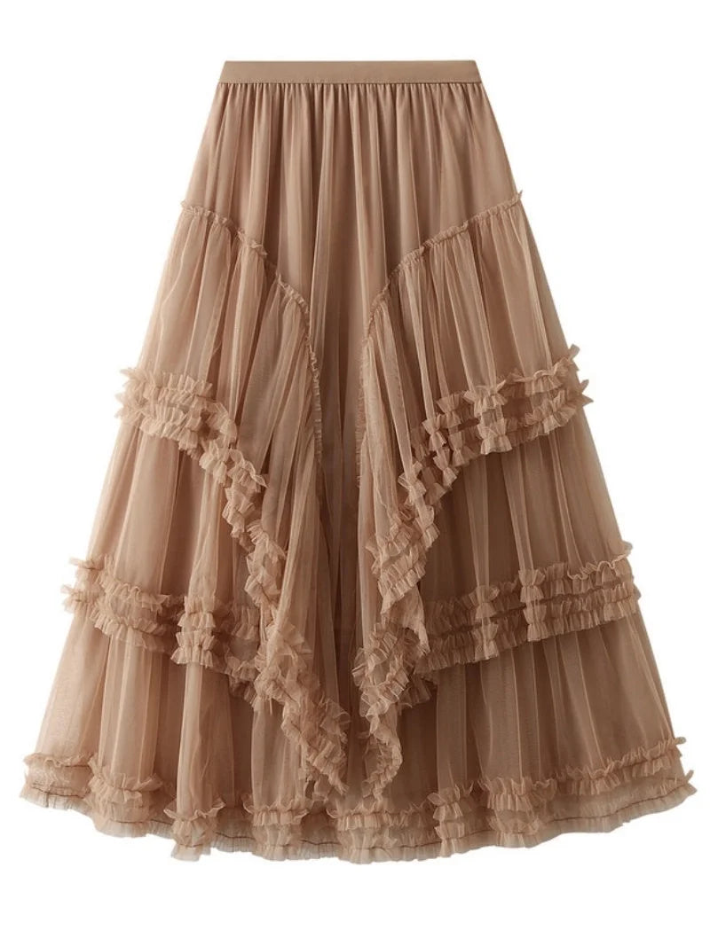 Layered Ruffle Maxi Skirt (Khaki)