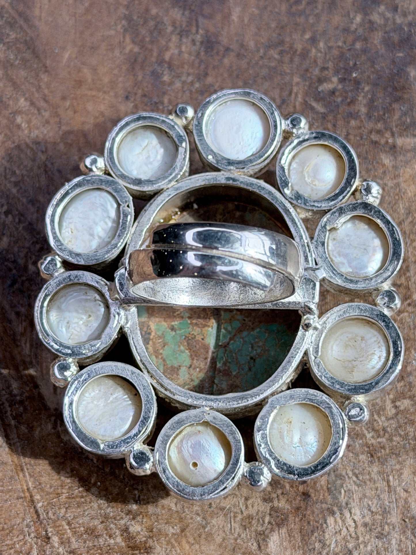 German Silver Turquoise and Pearl Cluster Ring