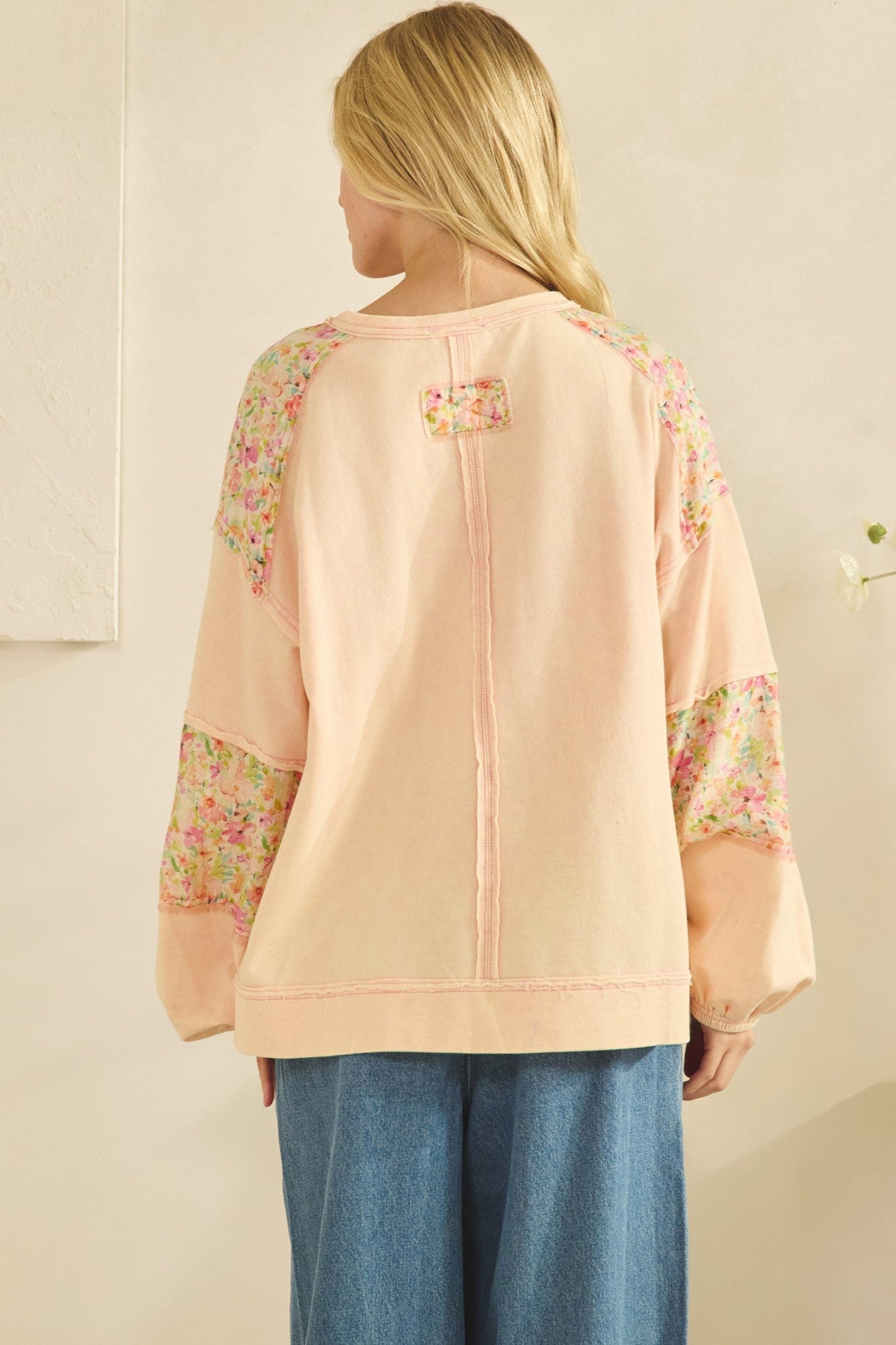 SALE Sage & Fig- Long Sleeve Patchwork Sweatshirt (Peach) *Final Sale*