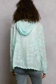 POL-Linen Embroidered Hooded Cardigan (Sky Blue) PREORDER *Final Sale*