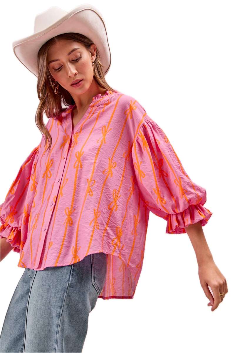 BiBi- Printed Bubble Sleeves Top (Pink Bow)