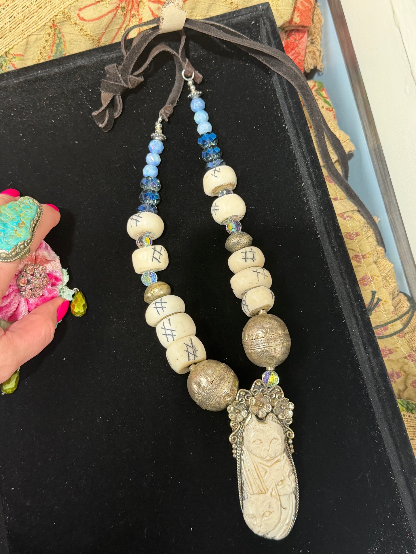 A Rare Bird- Tibetan Bone Carved Cat Necklace