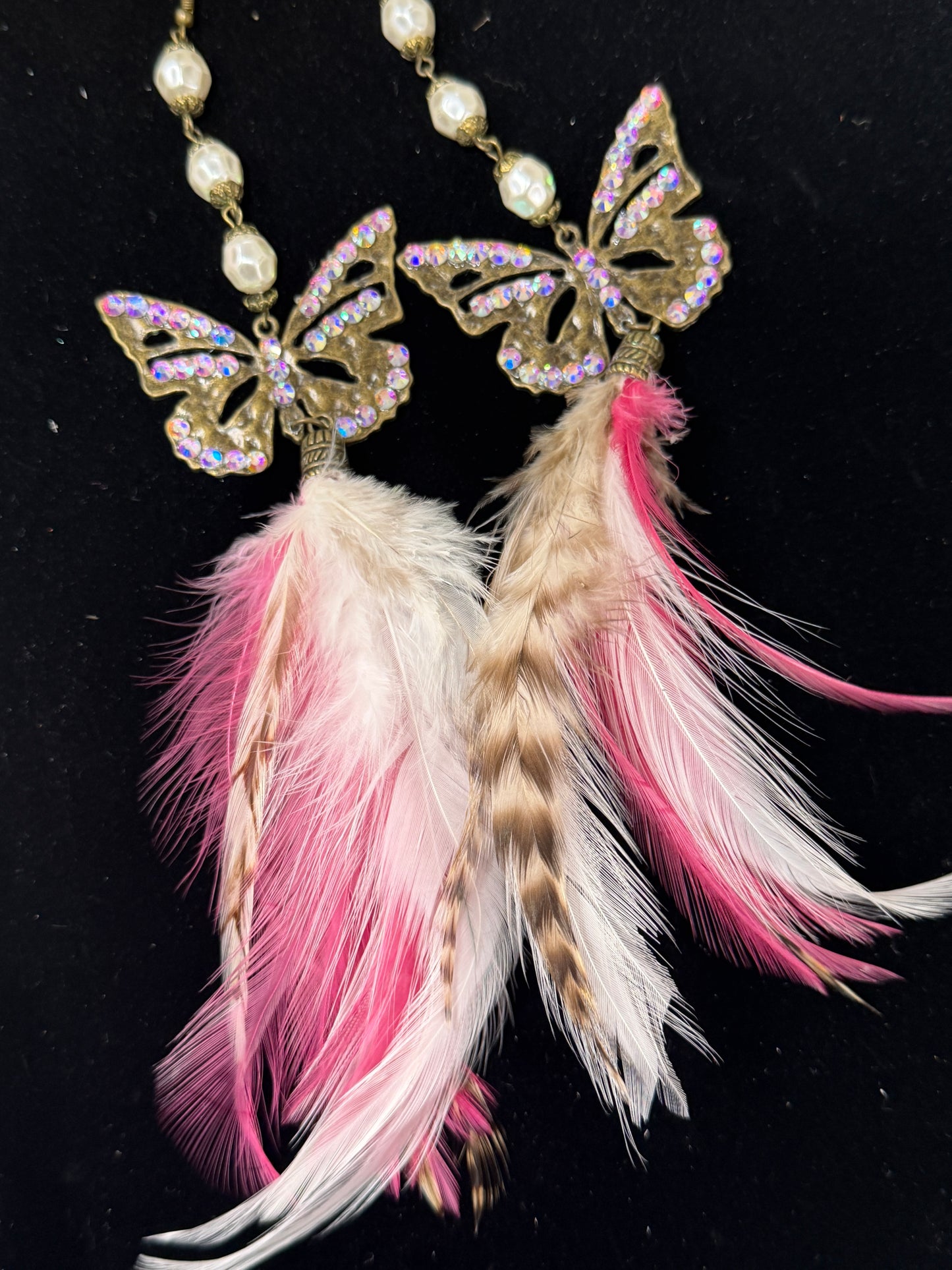 A Rare Bird- Pink Crystal and Feather Butterfly Earrings