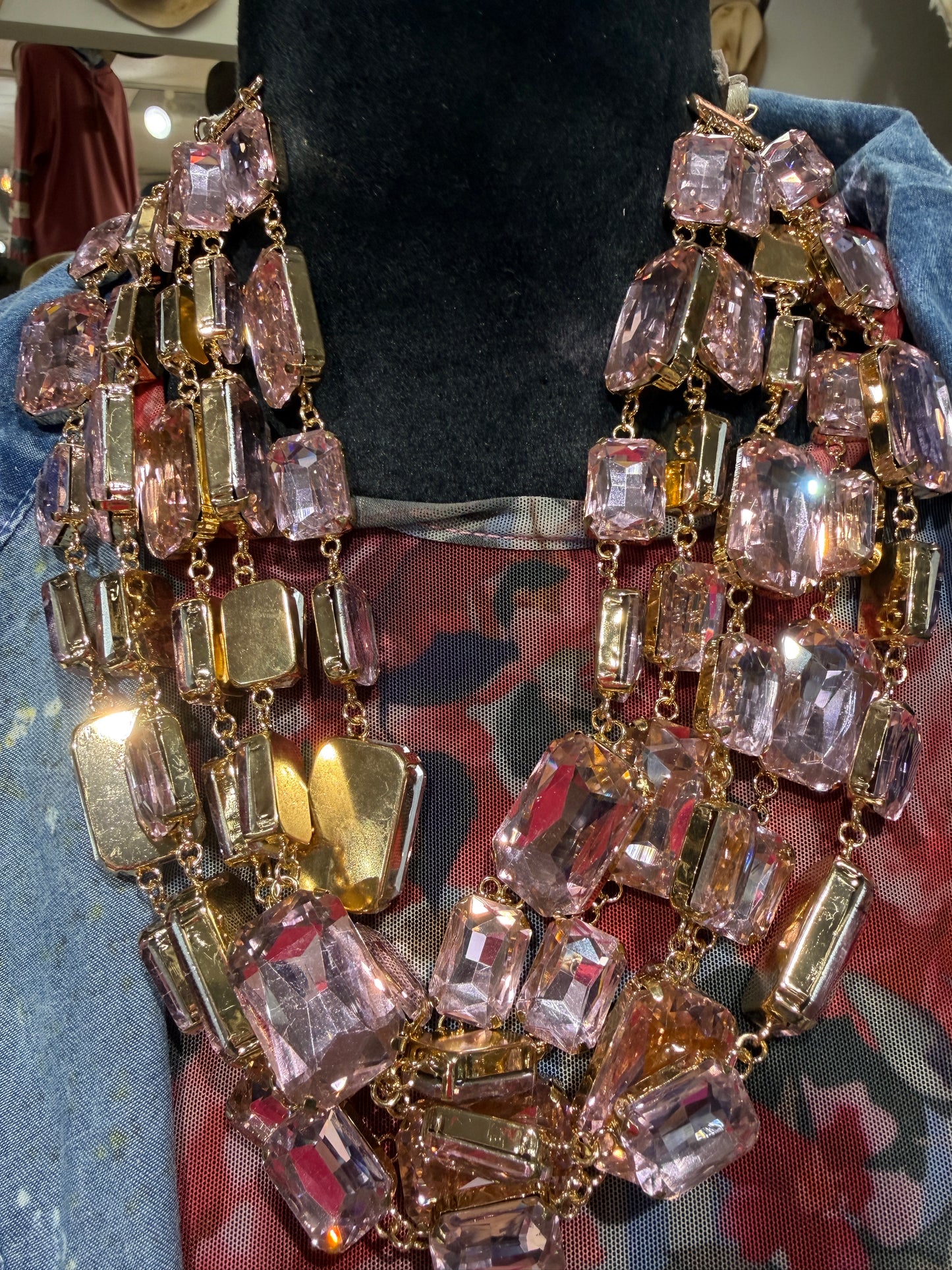 A Rare Bird - Vibrant Light Pink 5-Layer Rhinestone Necklace