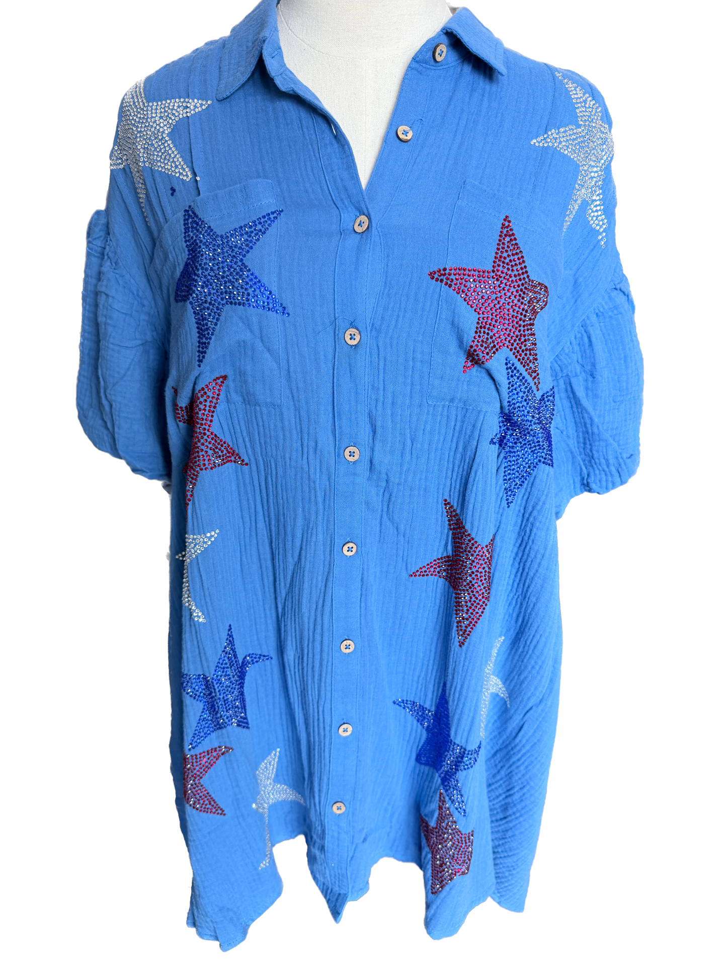 final sale Peach Love- Rhinestone Star Gauze Dress (Blue)
