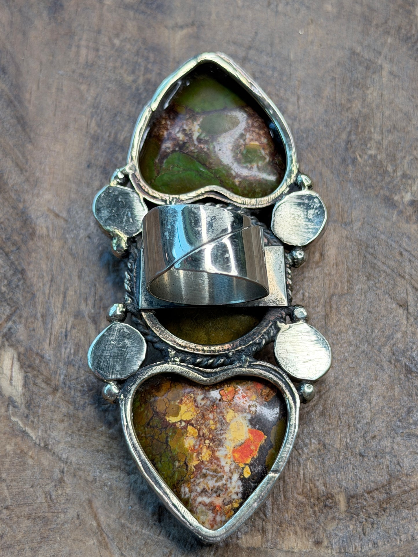 German Silver Large Green Turquoise Multi-Stone Heart Ring