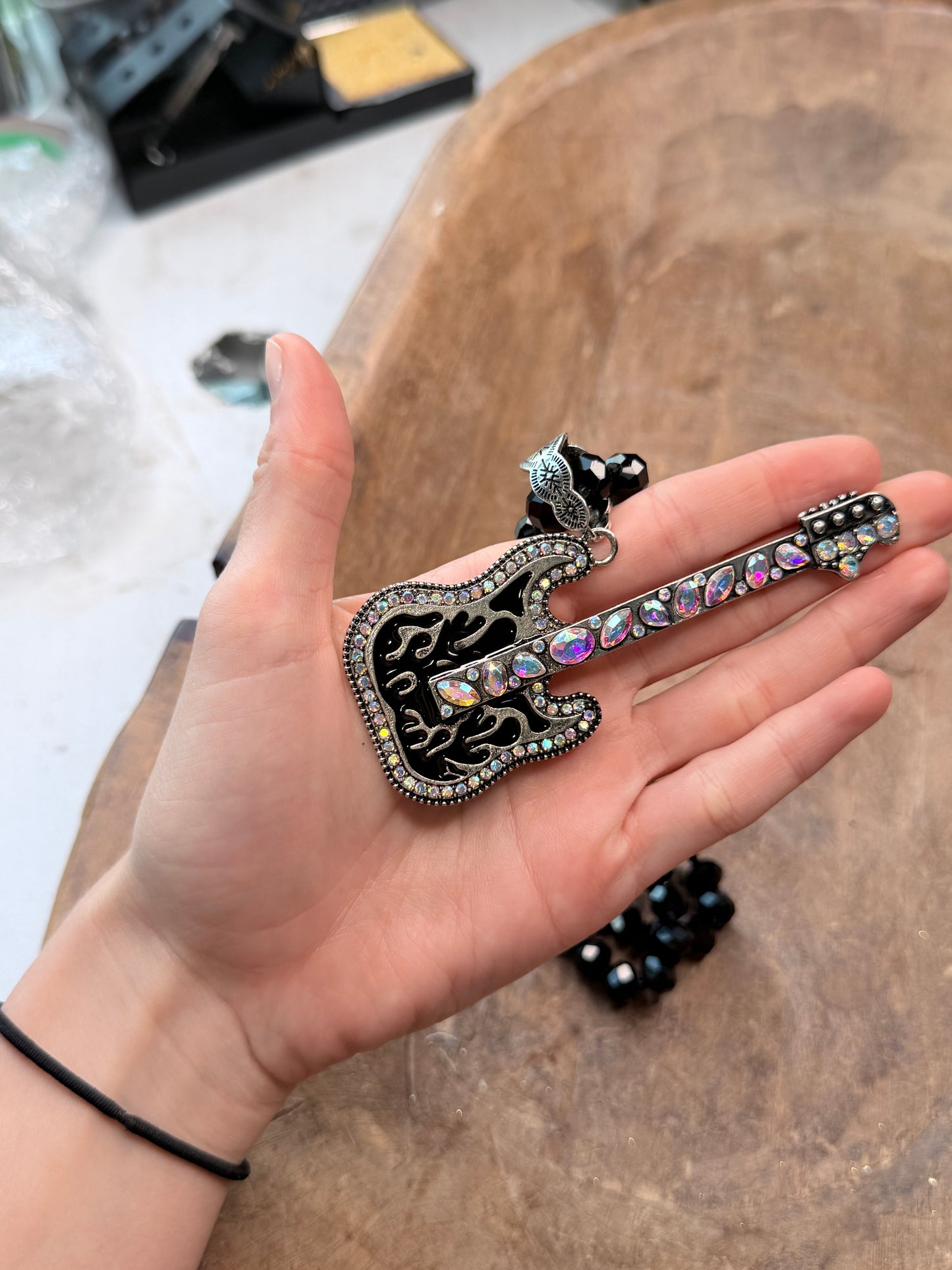 AB Rhinestone Rock N Roll Guitar Necklace