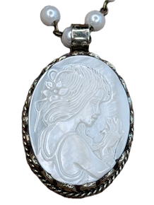 Tibetan Silver Pearl Carved Lady Cameo Necklace