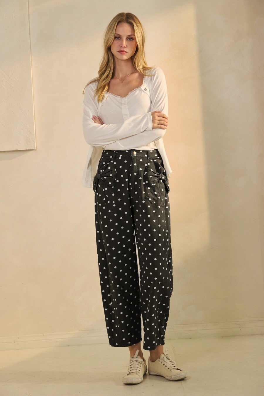 Oddi- High-rise Denim Polka Dot Bow-tied Pants (Black)