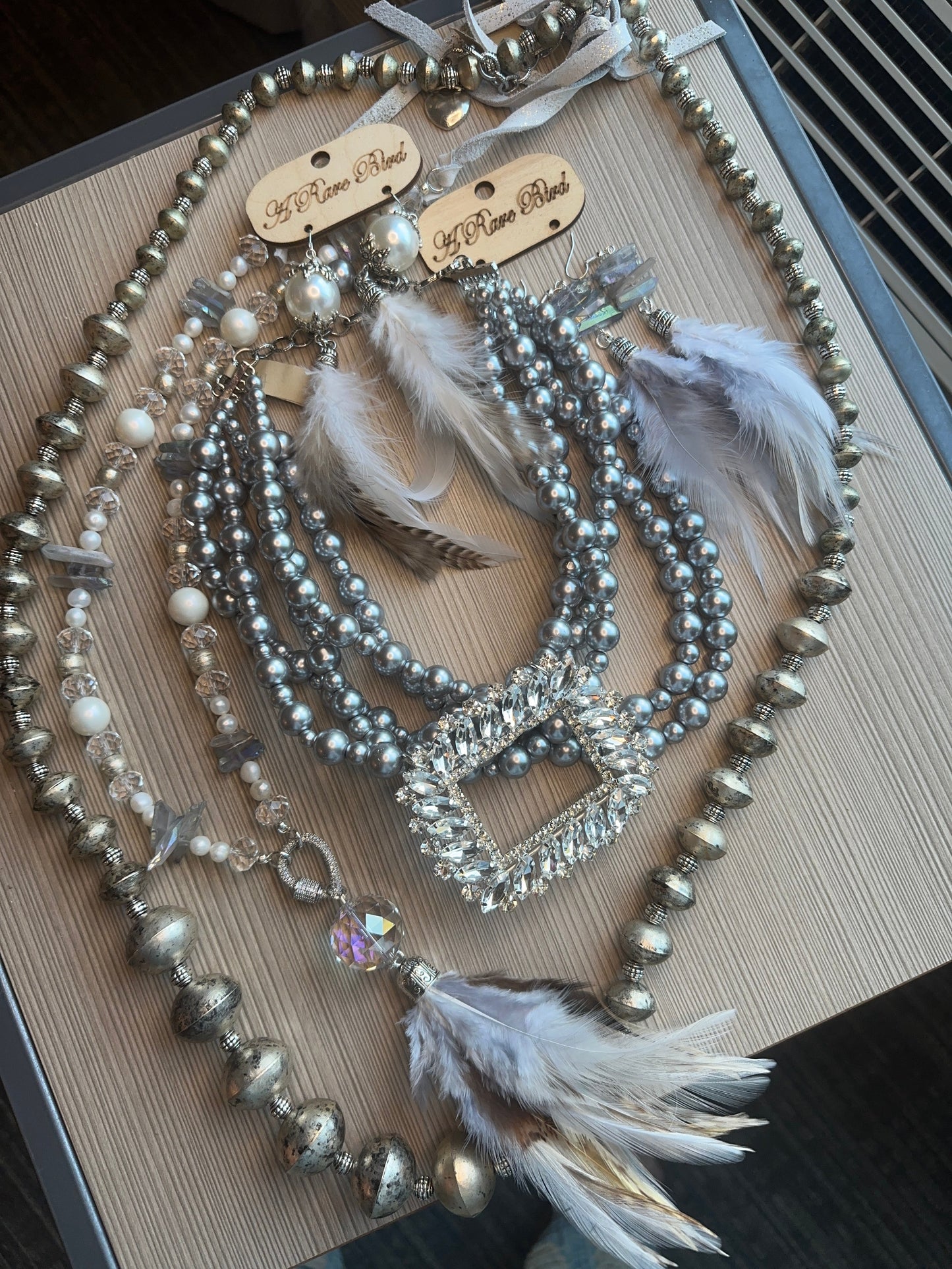 RARE BIRD 5 STRAND GREY PEARL AND RHINESTONE NECKLACE