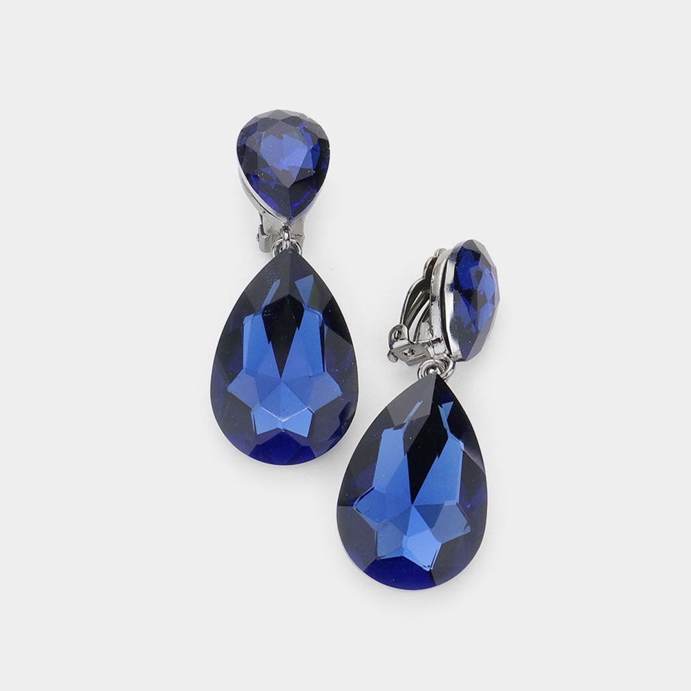 Double Teardrop Crystal Clip-On Earrings (Blue)
