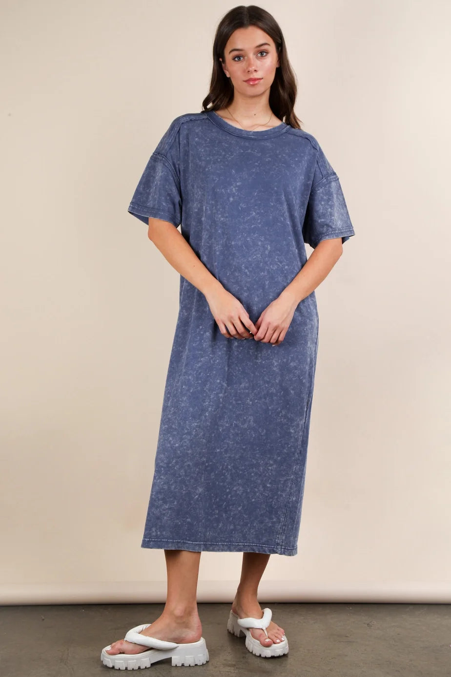 Very J Mineral Washed Casual Comfy Midi Dress Denim *Final Sale*