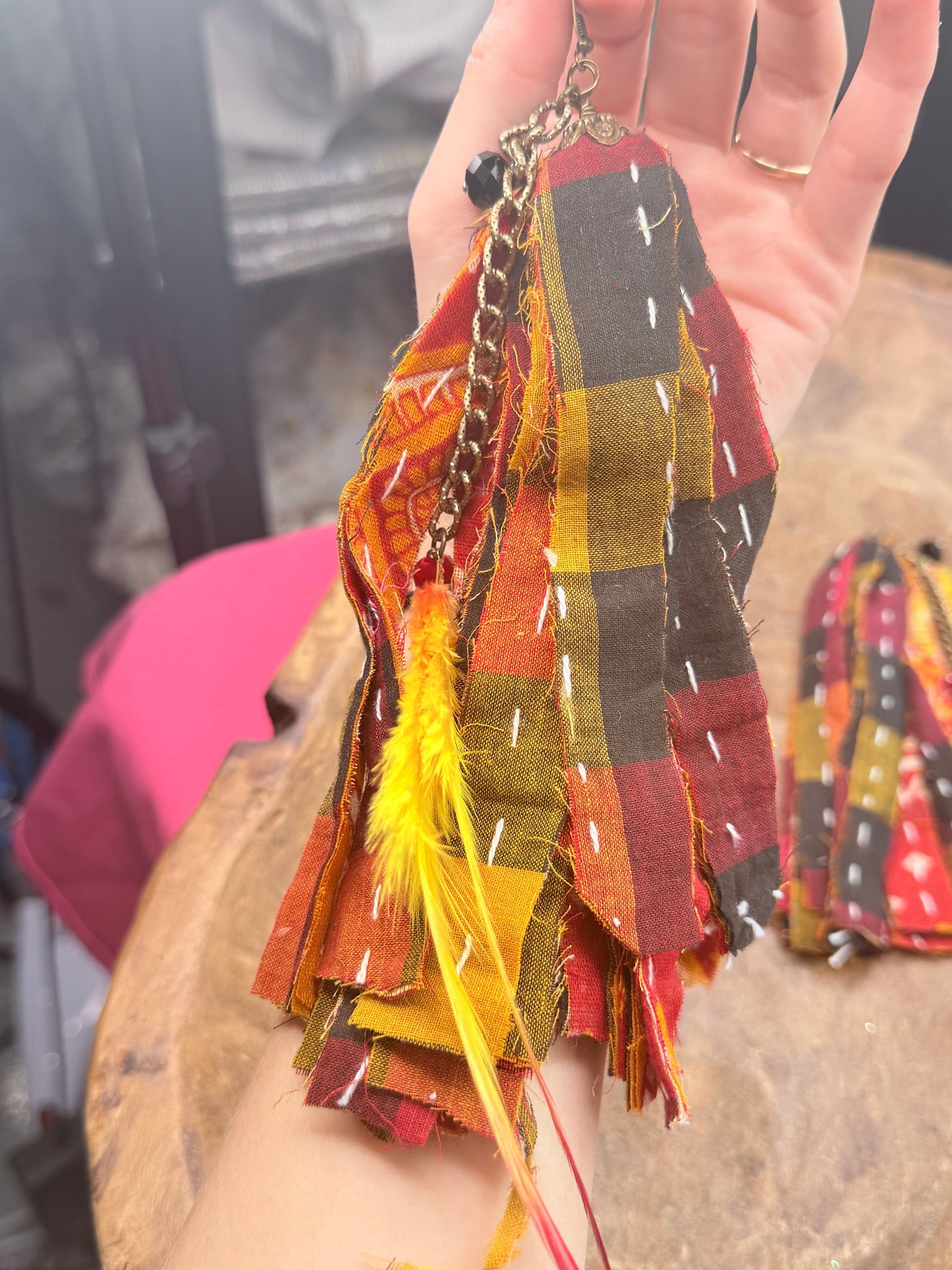 Sandra Ling Designs- Fall Fabric and Feather Earrings