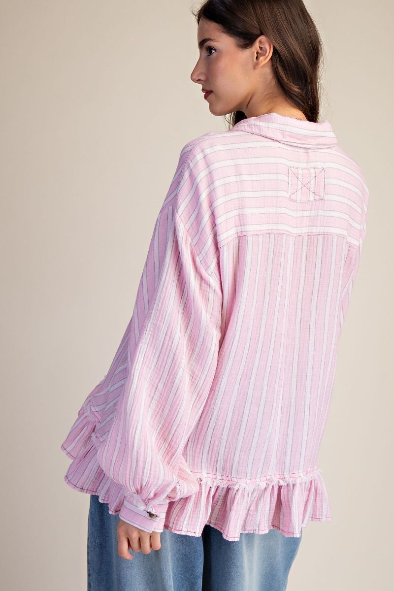 EASEL - Striped Cotton Gauze Ruffle Top (Pink Drink) *Final Sale*