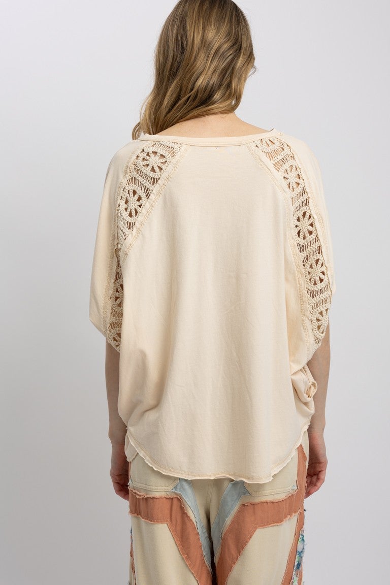 Blue Velvet- Mineral Washed Lace Accent Top (Taupe) *Final Sale*