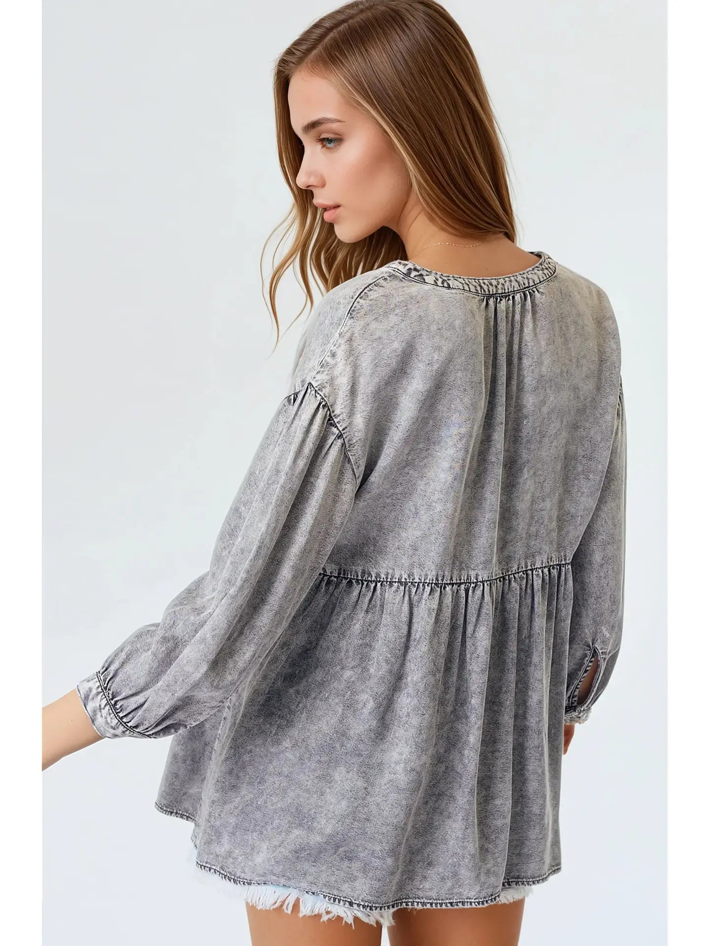 Babydoll Mandarin Collar Top (Black Denim)