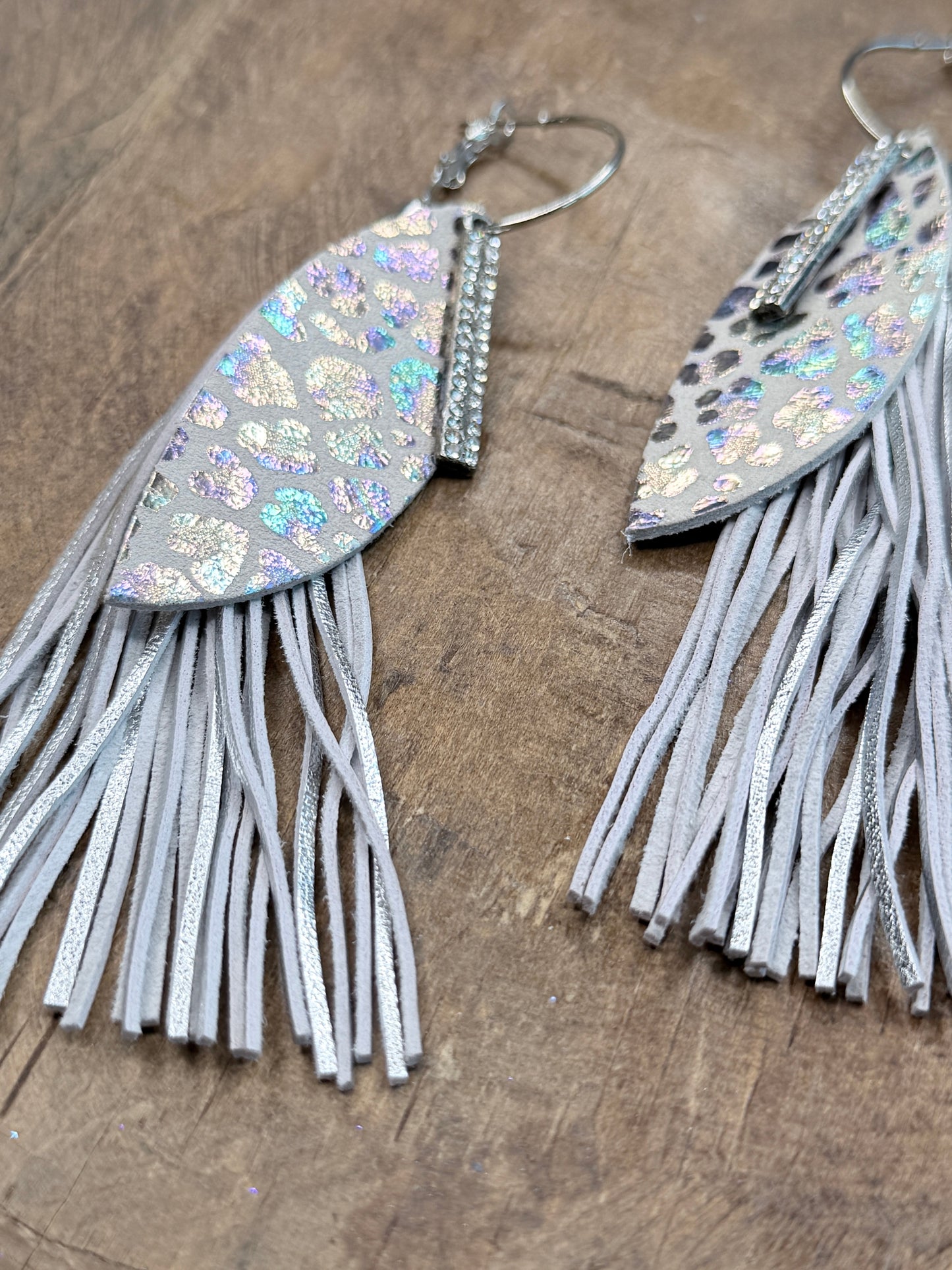 Sandra Ling Designs- Rainbow Leopard Fringe Feather Earrings