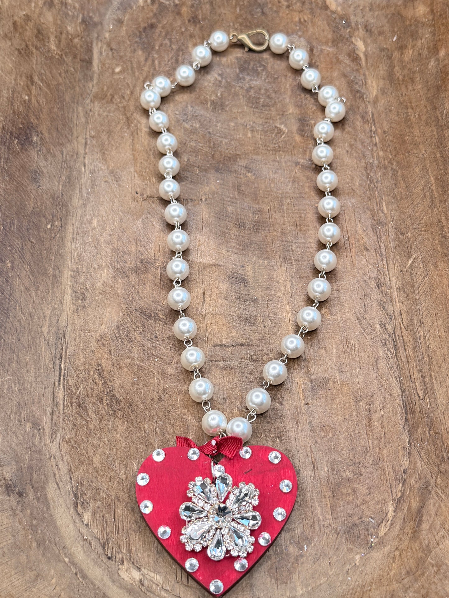 Wooden Rhinestone Red Heart Necklace (B)- ERR ORIGINAL
