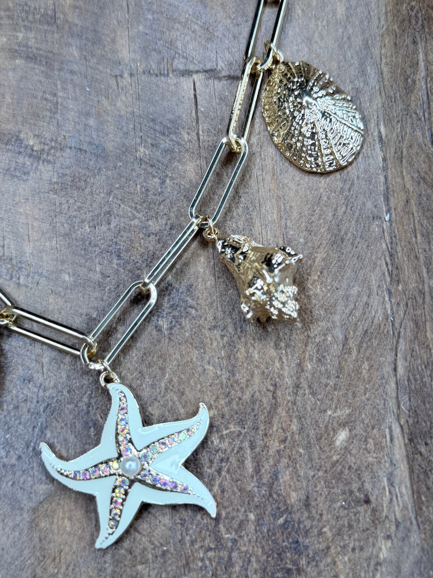 Gold Starfish and Shells Charm Necklace