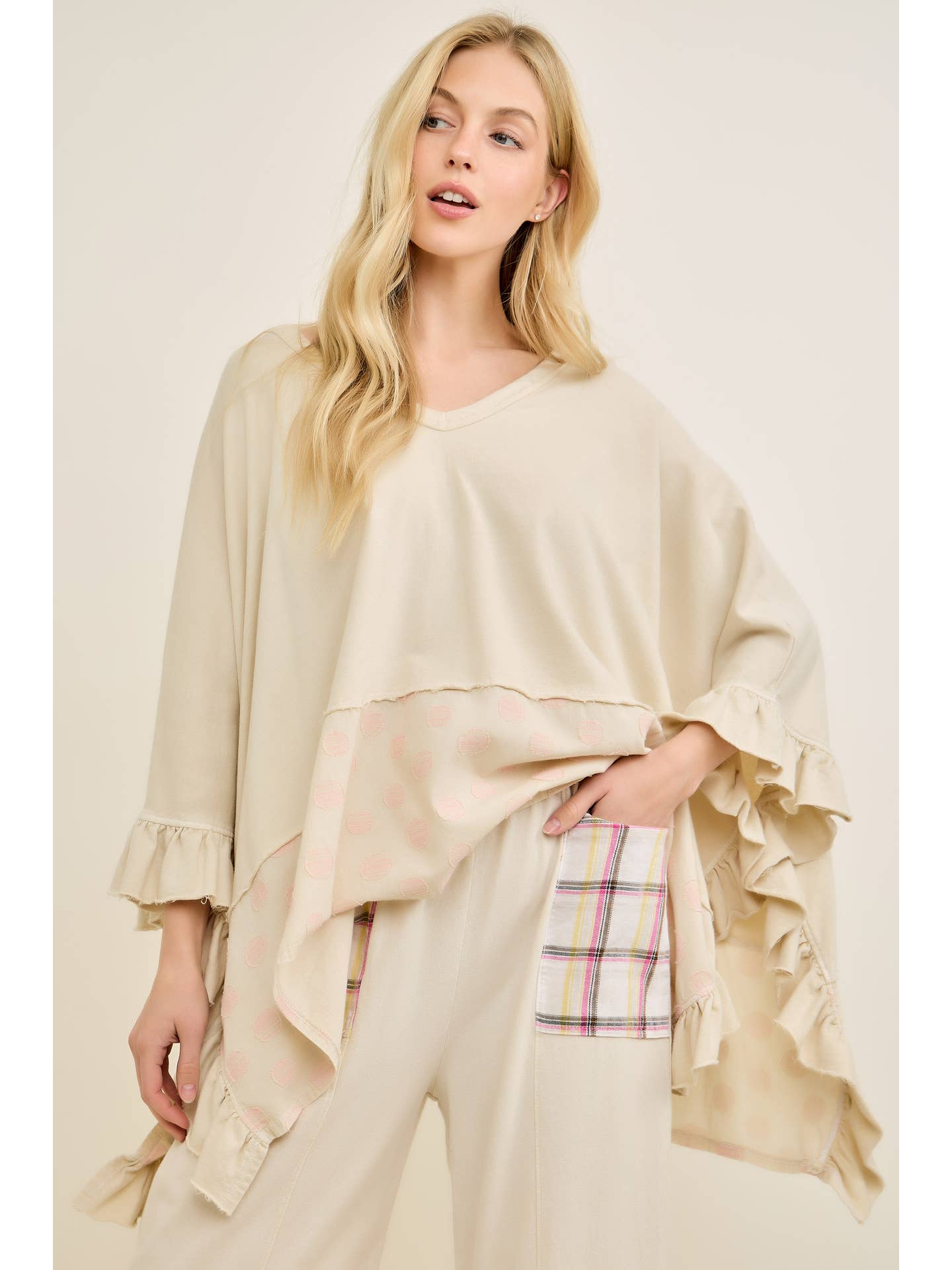 J Her- Washed Polka Dot Poncho Top (Natural)