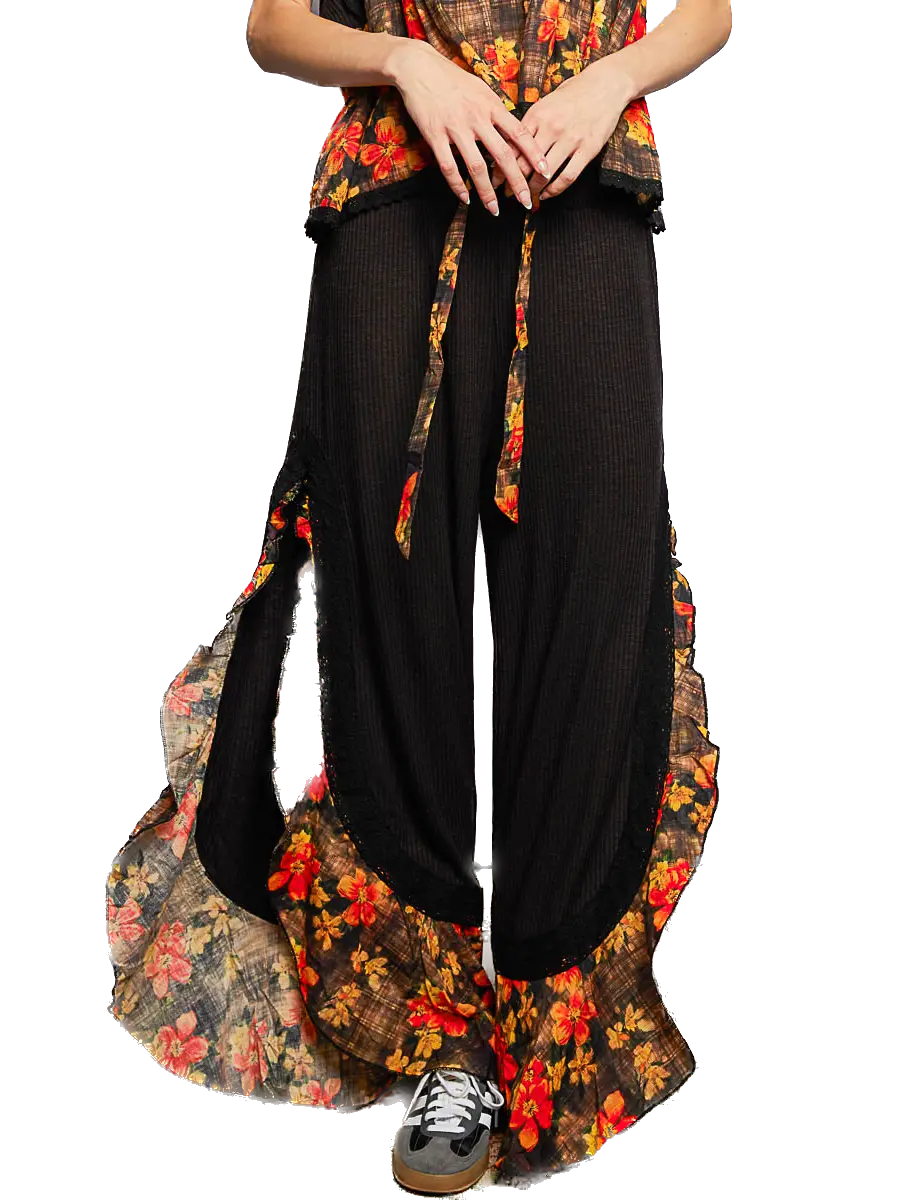 POL- Floral Accent Ruffled Ribbed Pants (Black)