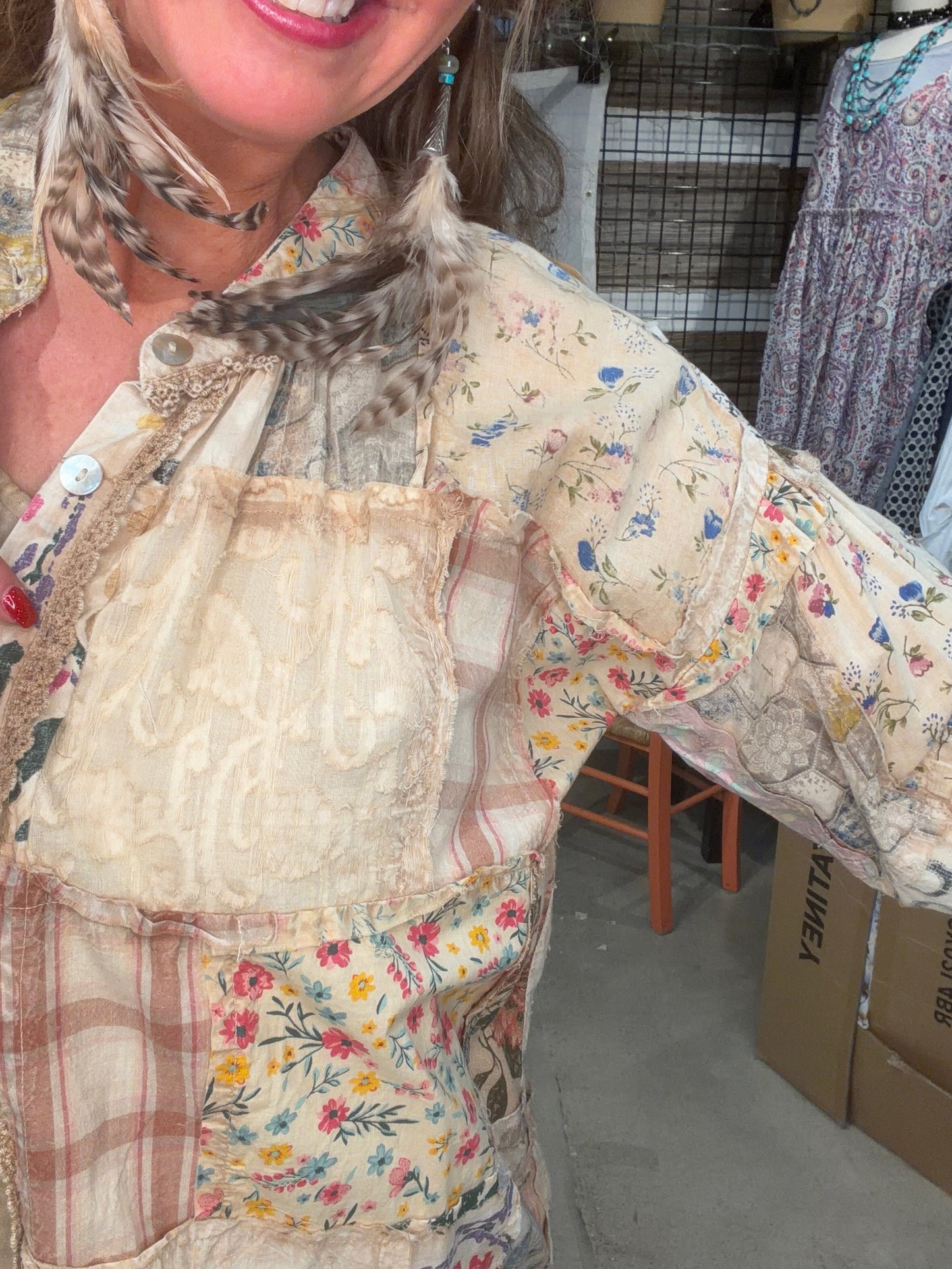 Paper Lace- Floral Plaid Patchwork Top (Natural) (PREORDER) *Final Sale*