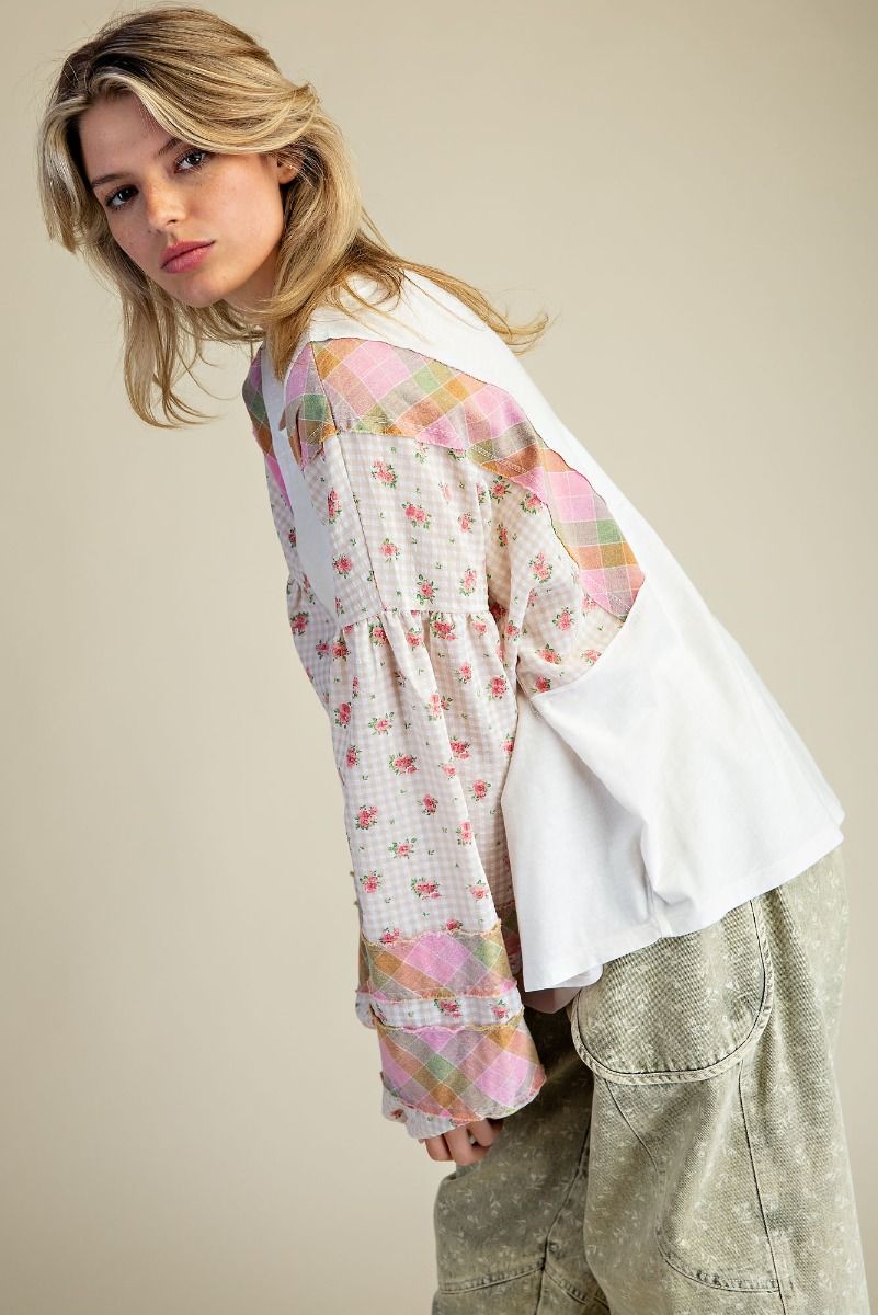 EASEL - Mixed Print Cotton Slub Top (White) *Final Sale*