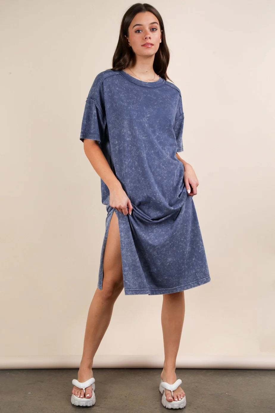 Very J Mineral Washed Casual Comfy Midi Dress Denim *Final Sale*