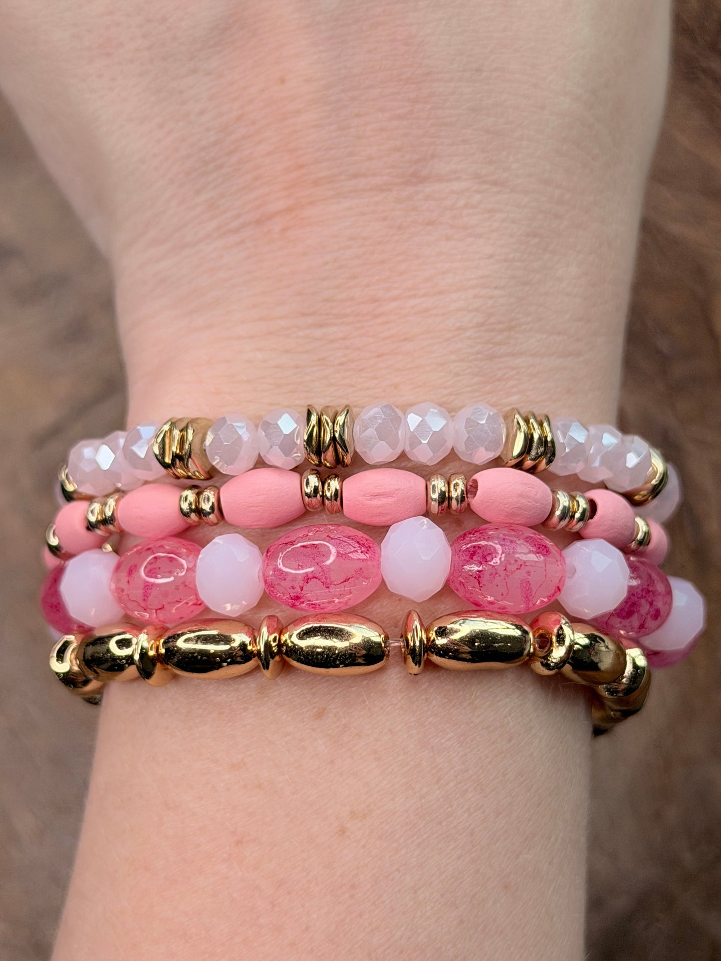 Aria Pink and Gold Crystal Beaded Bracelet Stack