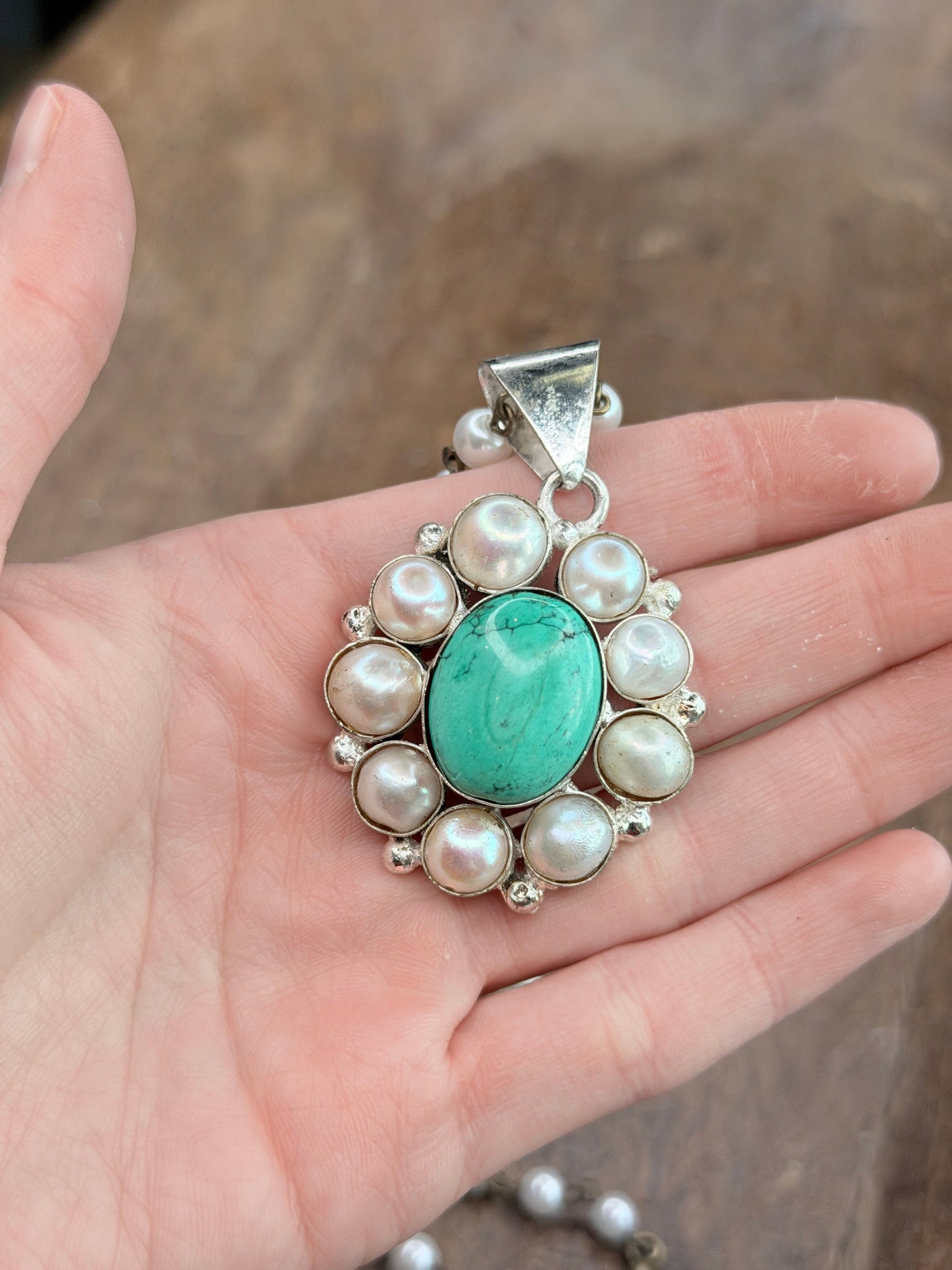 German Silver Dainty Malachite and Pearl Necklace