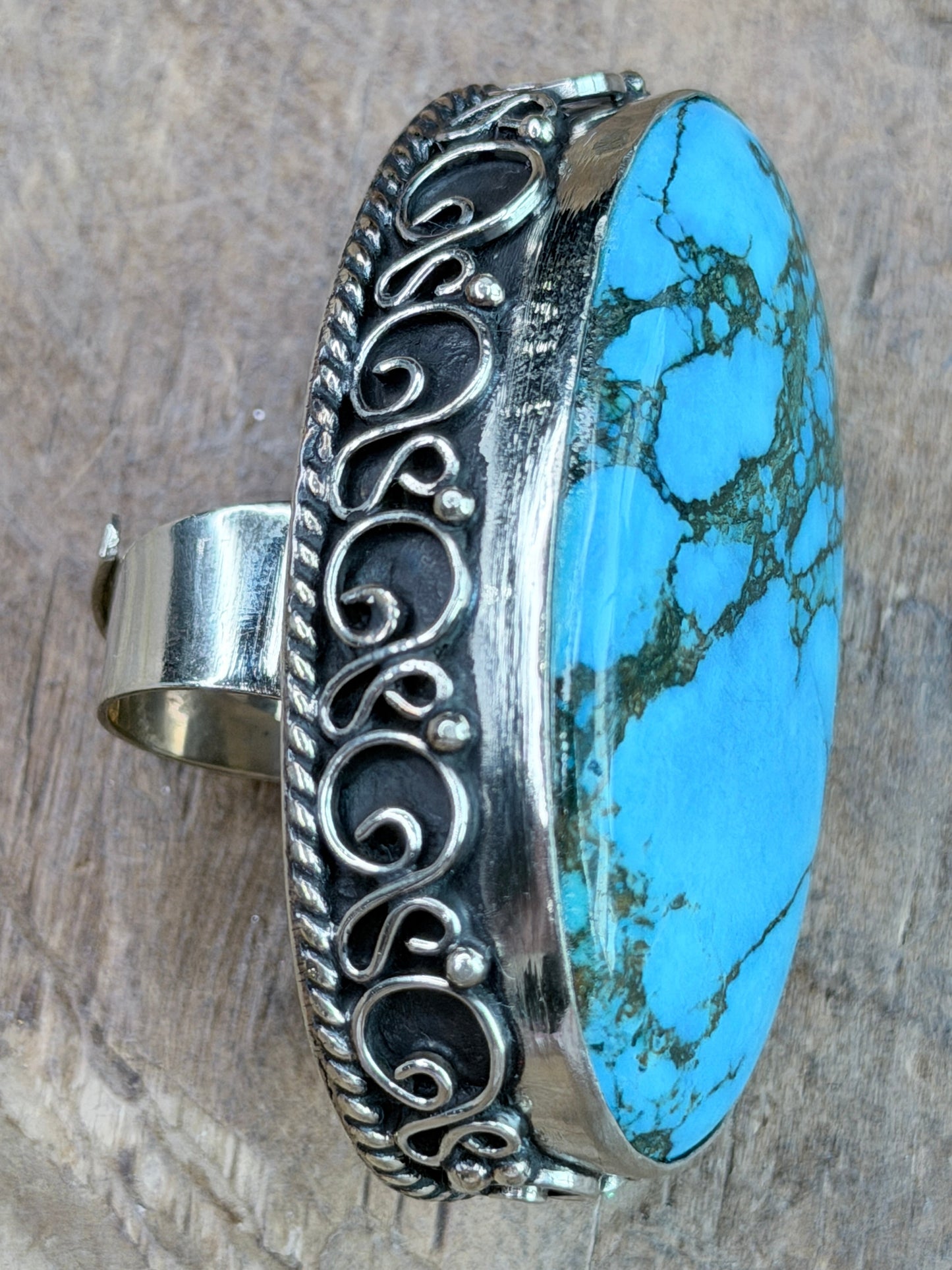 German Silver Large Blue Turquoise Oval Ring