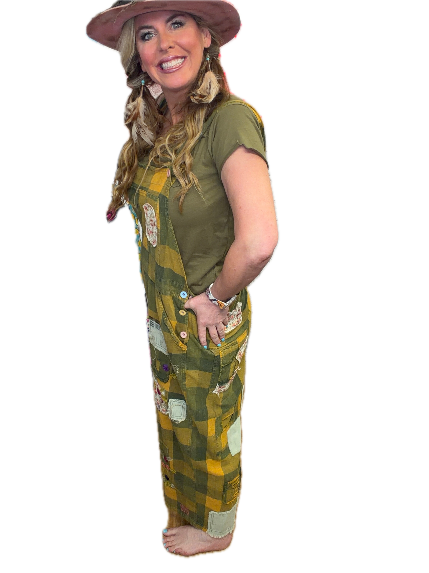 Bluevelvet- Flower Flannel Patchwork Overalls (Green/Yellow) *Final Sale*