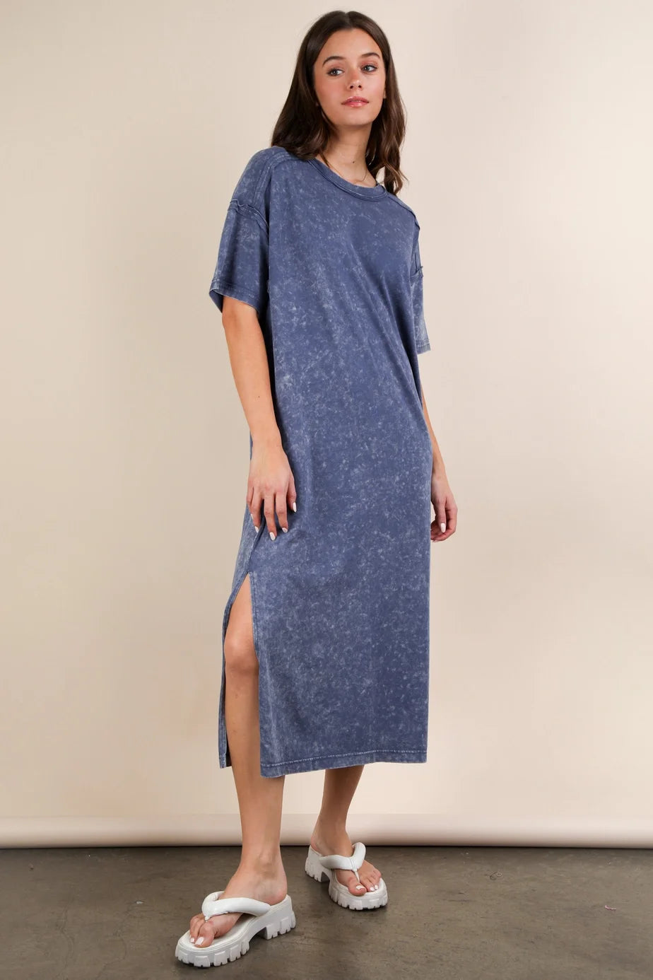 Very J Mineral Washed Casual Comfy Midi Dress Denim *Final Sale*