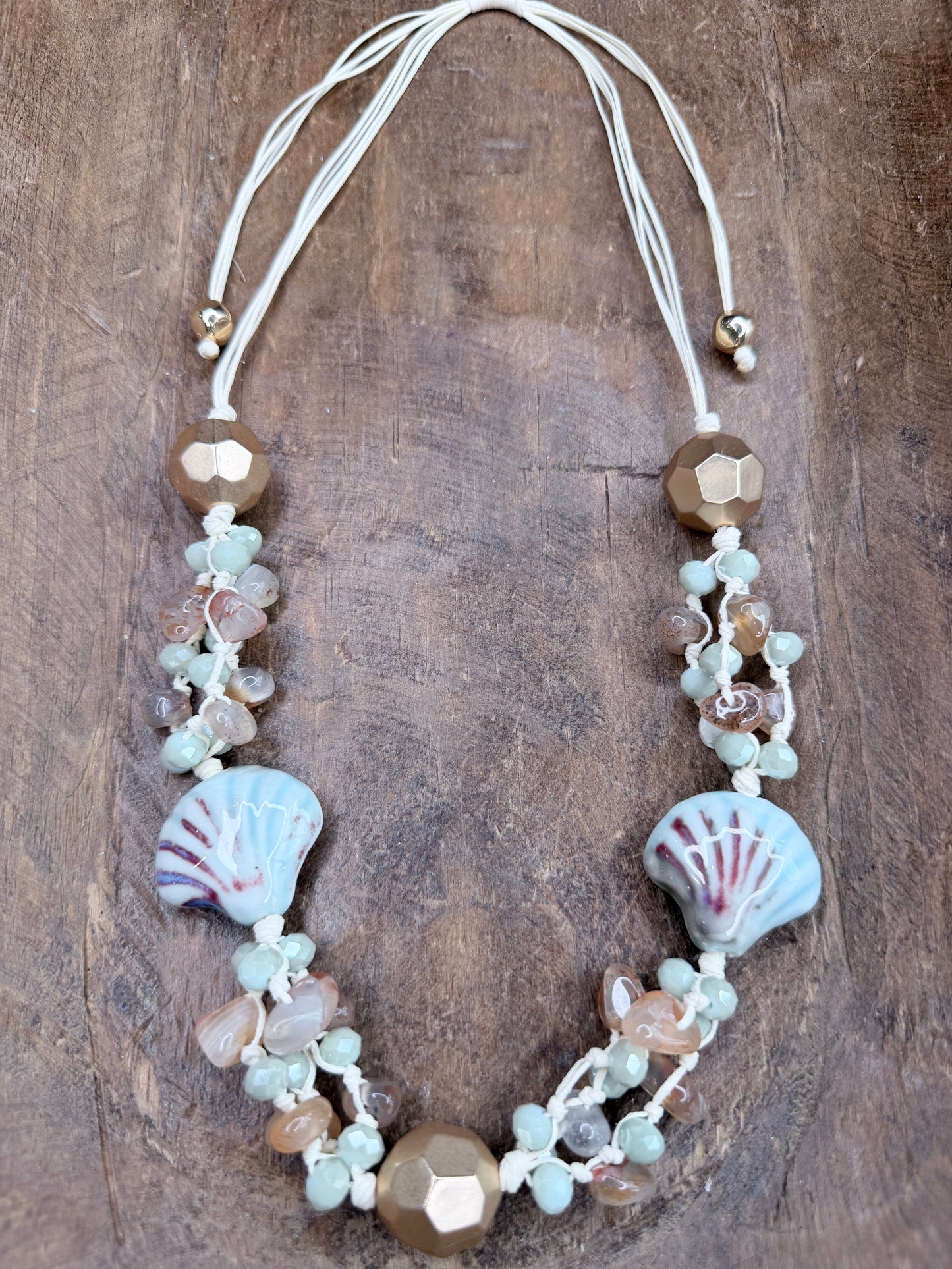 Sea-foam and Gold Woven Shell Necklace